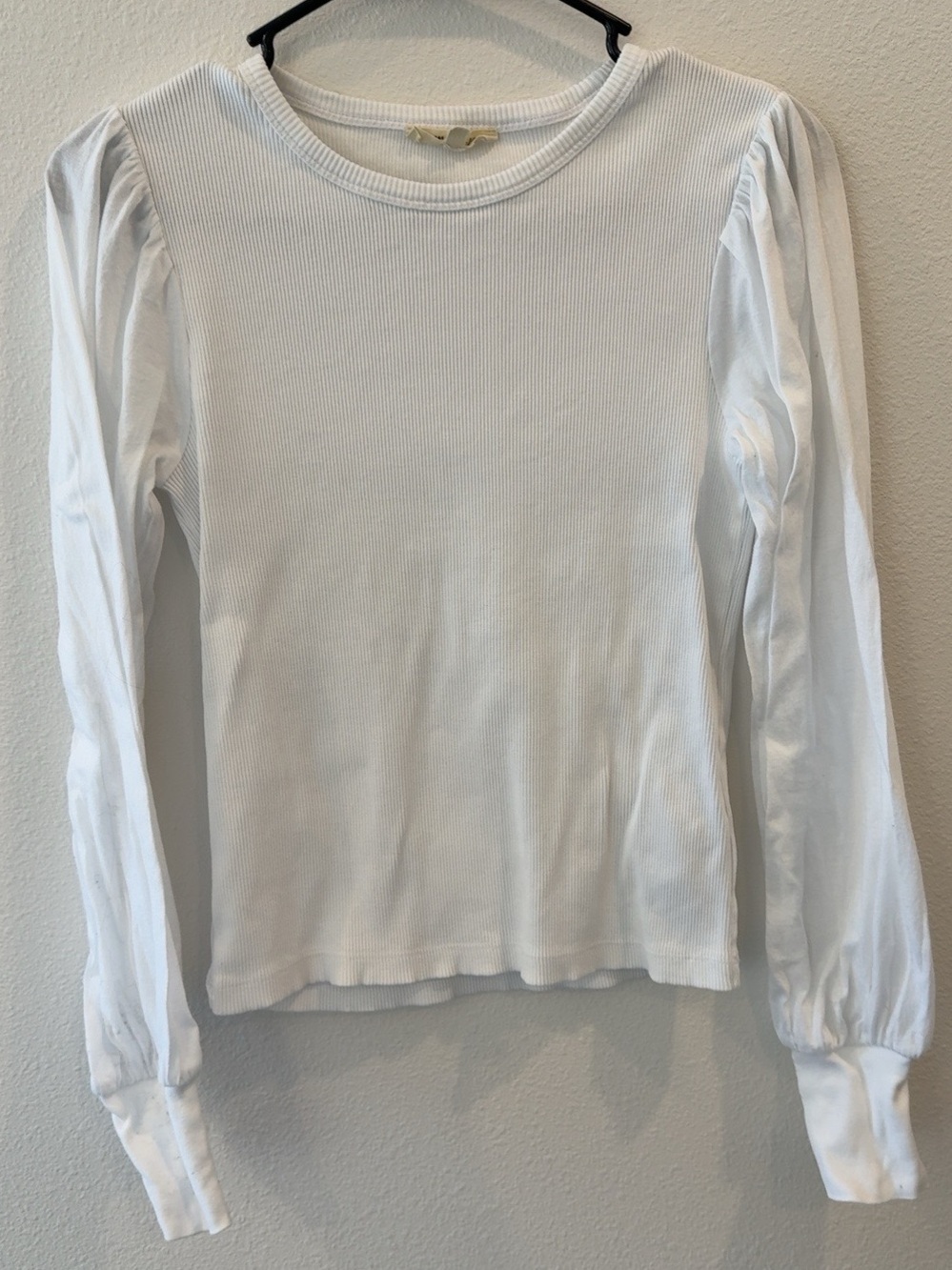 Madewell Women’s Ribbed Puff Sleeve Top XS White Mixed Fabric Long Sleeve